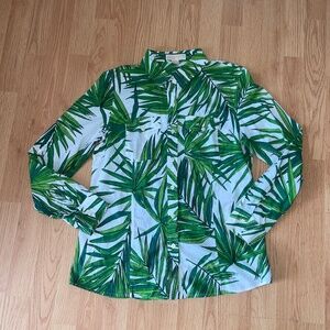 MICHAEL KORS Button Up Shirt Top Roll Up Sleeve Foliage White Green Size 14